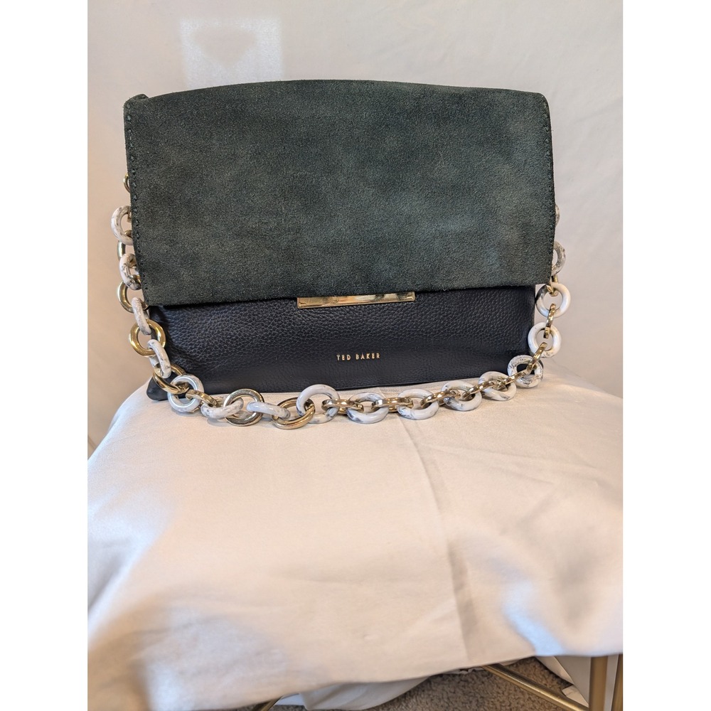 Ted Baker Black Leather Green Suede Shoulder Bag Marbled Chain Strap